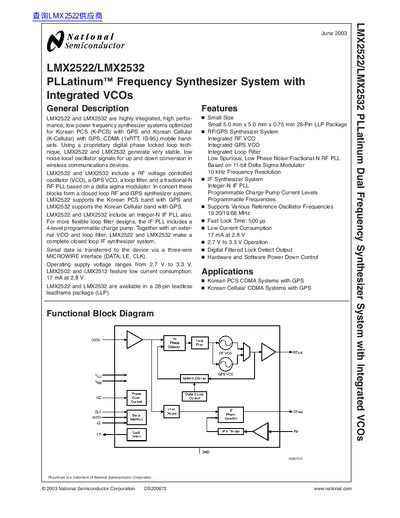 National Semiconductor LMX2522/LMX2532 PLLatinum Frequency Synthesizer Datasheet - cover page