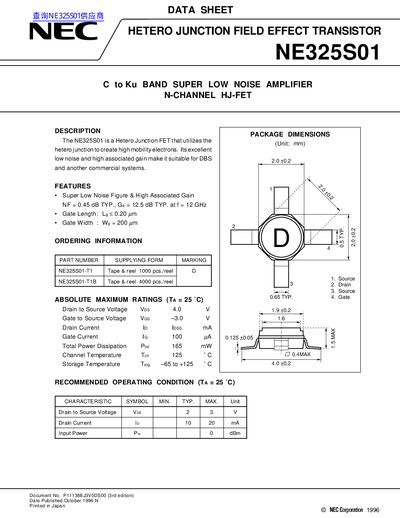 NEC NE325S01 Hetero Junction FET Datasheet - cover page