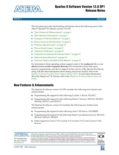 ALTERA Quartus II Software Version 11.1 SP1 Release Notes Manual - cover page
