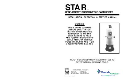 Pentair Star DE Filter Installation Operation and Service Manual - cover page