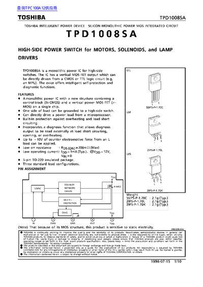 Toshiba TPD1008SA High-Side Power Switch Datasheet - cover page