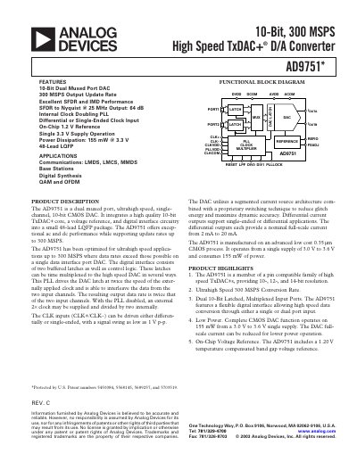 Analog Devices AD9751 High Speed TxDAC+ D/A Converter Datasheet - cover page