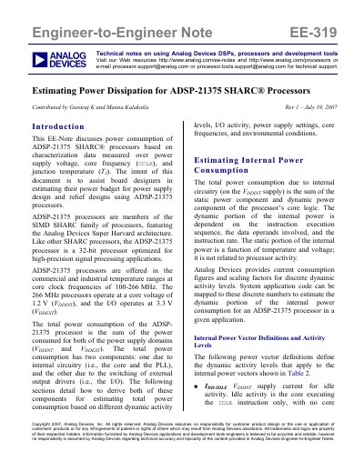 Analog Devices ADSP-21375 Power Dissipation Estimation Note - cover page