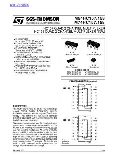 SGS-THOMSON M54HC157/158/M74HC157/158 Datasheet - cover page