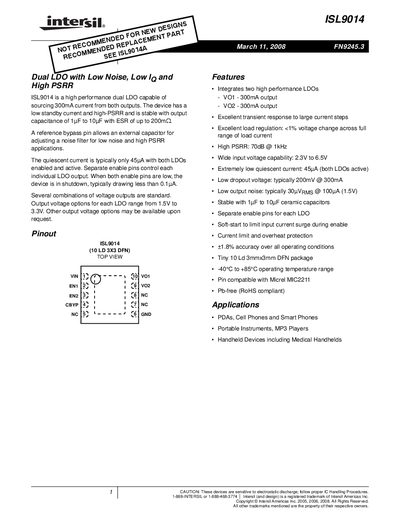 Intersil ISL9014 Dual LDO Datasheet