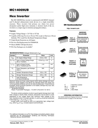 ON Semiconductor MC14069UB Hex Inverter Datasheet - cover page