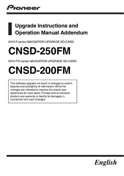 Pioneer CNSD-250FM/CNSD-200FM Upgrade Instructions and Operation Manual Addendum - cover page