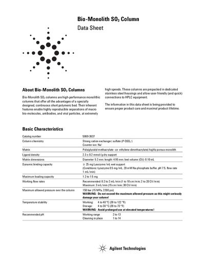 Agilent Bio-Monolith SO3 Column Data Sheet - cover page