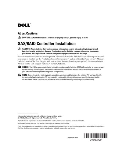 Dell SAS/RAID Controller Installation Guide - cover page