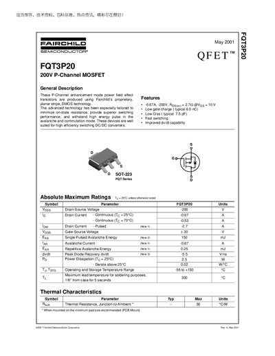 Fairchild FQT3P20 P-Channel MOSFET Datasheet - cover page