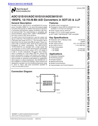 National Semiconductor ADC121S101/ADC101S101/ADC081S101 1MSPS 12-/10-/8-Bit A/D Converters in SOT-23 LLP handbook - cover page