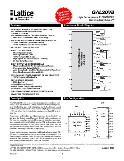 LATTICE SEMICONDUCTOR GAL20V8 High Performance E2 CMOS PLD Generic Array Logic handbook
