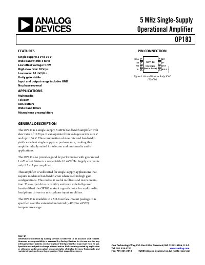 Analog Devices OP183 Operational Amplifier Datasheet - cover page