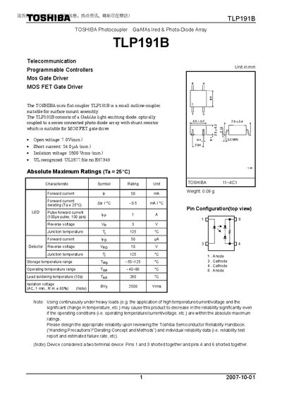 Toshiba TLP191B Photocoupler Datasheet - cover page