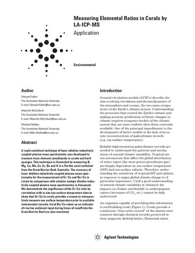 Agilent 7500s Measuring Elemental Ratios in Corals by LA-ICP-MS Application Note - cover page