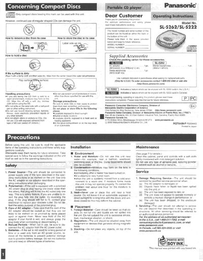 Panasonic SL-S262/SL-S222 CD Player Operating Instructions - cover page