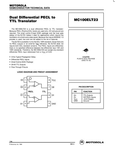 Motorola MC100ELT23 Dual Differential PECL to TTL Translator Datasheet - cover page