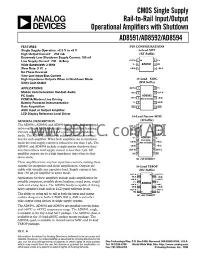 Analog Devices AD8591/AD8592/AD8594 Operational Amplifier Datasheet - cover page