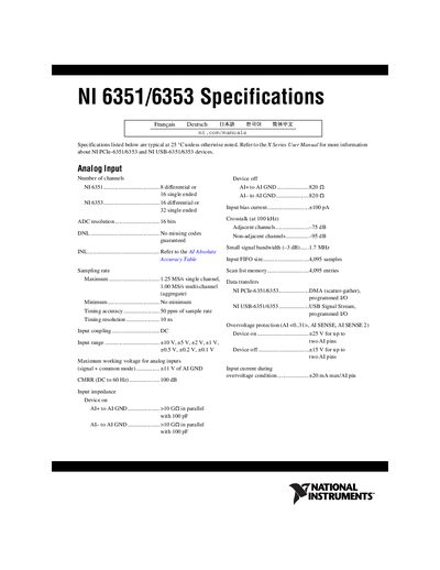 National Instruments NI 6351/6353 Data Acquisition Card Specifications - cover page