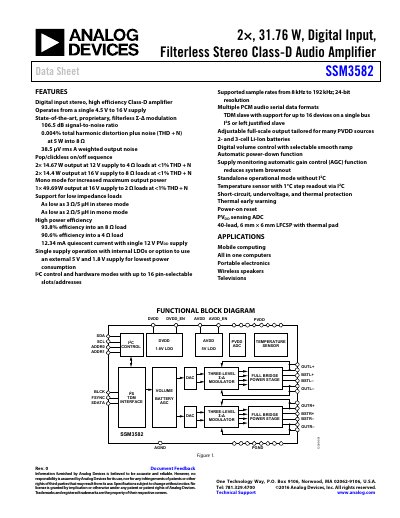 Analog Devices SSM3582 Digital Input Filterless Stereo Class-D Audio Amplifier Data Sheet - cover page