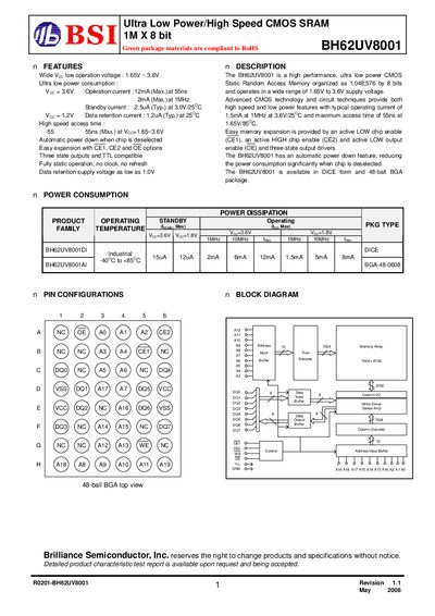 Brilliance Semiconductor BH62UV8001 Ultra Low Power/High Speed CMOS SRAM Handbook - cover page