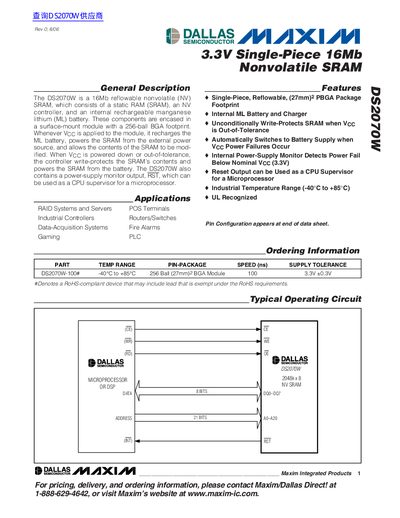 Maxim DS2070W 3.3V 16Mb Nonvolatile SRAM Datasheet - cover page