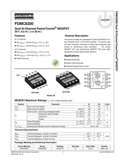 Fairchild Semiconductor FDMC8200 Dual N-Channel MOSFET Datasheet