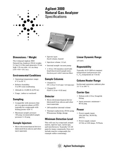 Agilent 3000 Natural Gas Analyzer Specifications - cover page