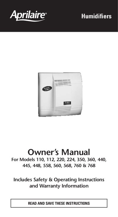 Aprilaire Models 110/112/220/224/440/445/448/558/560/568/760/768 owner's Manual - cover page