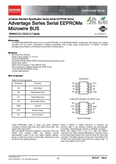ROHM BR93C46-10SU-2.7 Technical Note - cover page