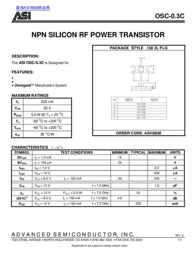 ASI OSC-0.3C NPN Silicon RF Power Transistor Datasheet