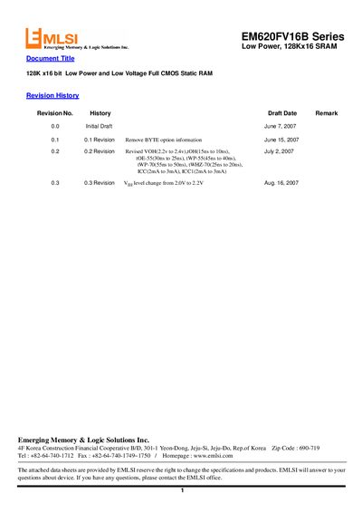 EMLSI EM620FV16B SRAM Datasheet - cover page