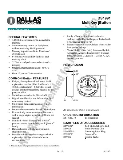 Dallas Semiconductor DS1991 MultiKey iButton Handbook - cover page
