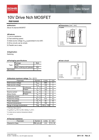 ROHM R6010ANX N-Channel MOSFET Datasheet - cover page