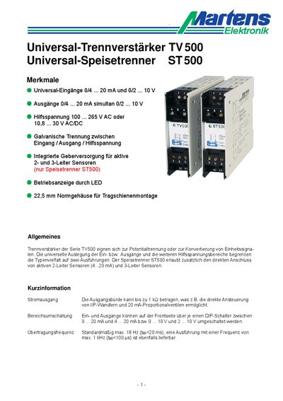 Martens Elektronik TV 500/ST 500 Signal Isolator Data Sheet - cover page
