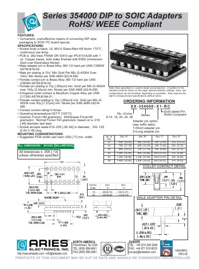 Aries Series 354000 DIP to SOIC Adapter RoHS/WEEE Compliant Specification - cover page