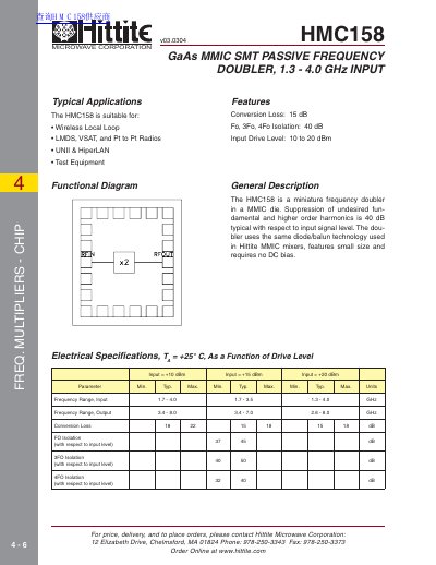 Hittite HMC158 GaAs MMIC Frequency Doubler Datasheet - cover page