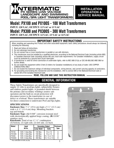 INTERMATIC PX100/PX100S - 100 Watt Transformers PX300/PX300S - 300 Watt Transformers installation Manual - cover page