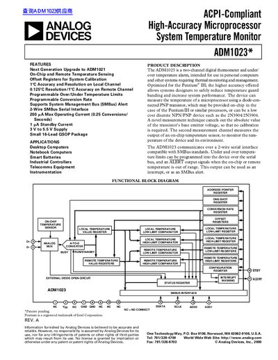 Analog Devices ADM1023 Temperature Monitor Datasheet - cover page