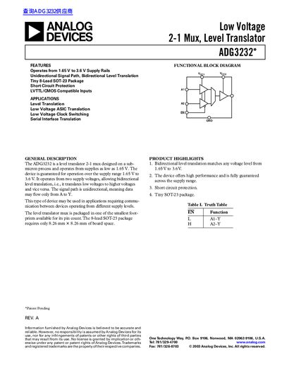 Analog Devices ADG3232* Low Voltage 2-1 Mux Datasheet - cover page