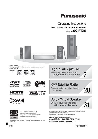 Panasonic SC-PTX5 DVD Home Theater Sound System Operating Instructions - cover page