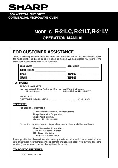 Sharp R-21LC/R-21LT/R-21LV Commercial Microwave Oven Operation Manual