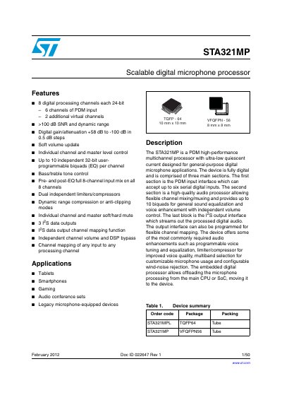 STA321MP Scalable Digital Microphone Processor Datasheet