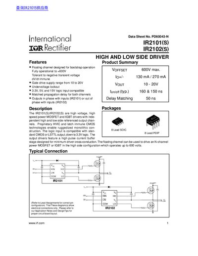 International Rectifier IR2101(S)/IR2102(S) High and Low Side Driver Data Sheet - cover page