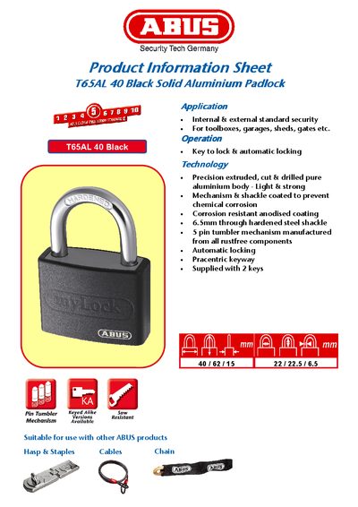 ABUS T65AL 40 Black Padlock Product Information Sheet - cover page