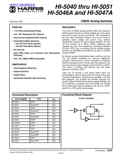 HARRIS Semiconductor HI-5040 thru HI-5051 HI-5046A HI-5047A CMOS Analog Switches