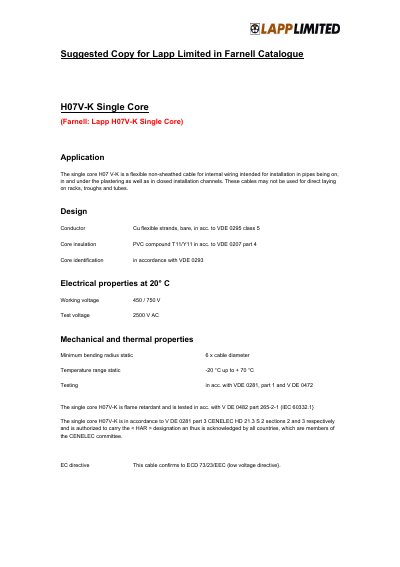 Lapp H07V-K Single Core Cable Product Leaflet - cover page