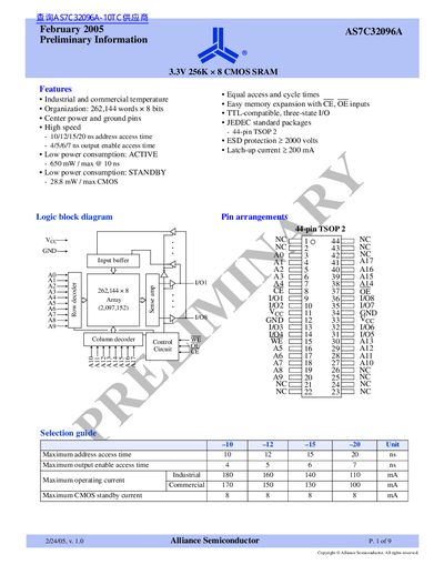 Alliance Semiconductor AS7C32096A SRAM Datasheet - cover page