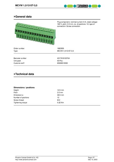 Phoenix Contact MCVW 1,5/12-ST-3,5 Product Leaflet - cover page