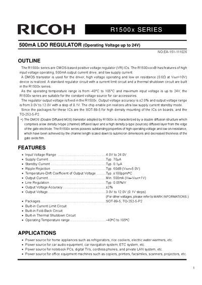 Ricoh R1500x Series 500mA LDO Regulator Datasheet - cover page